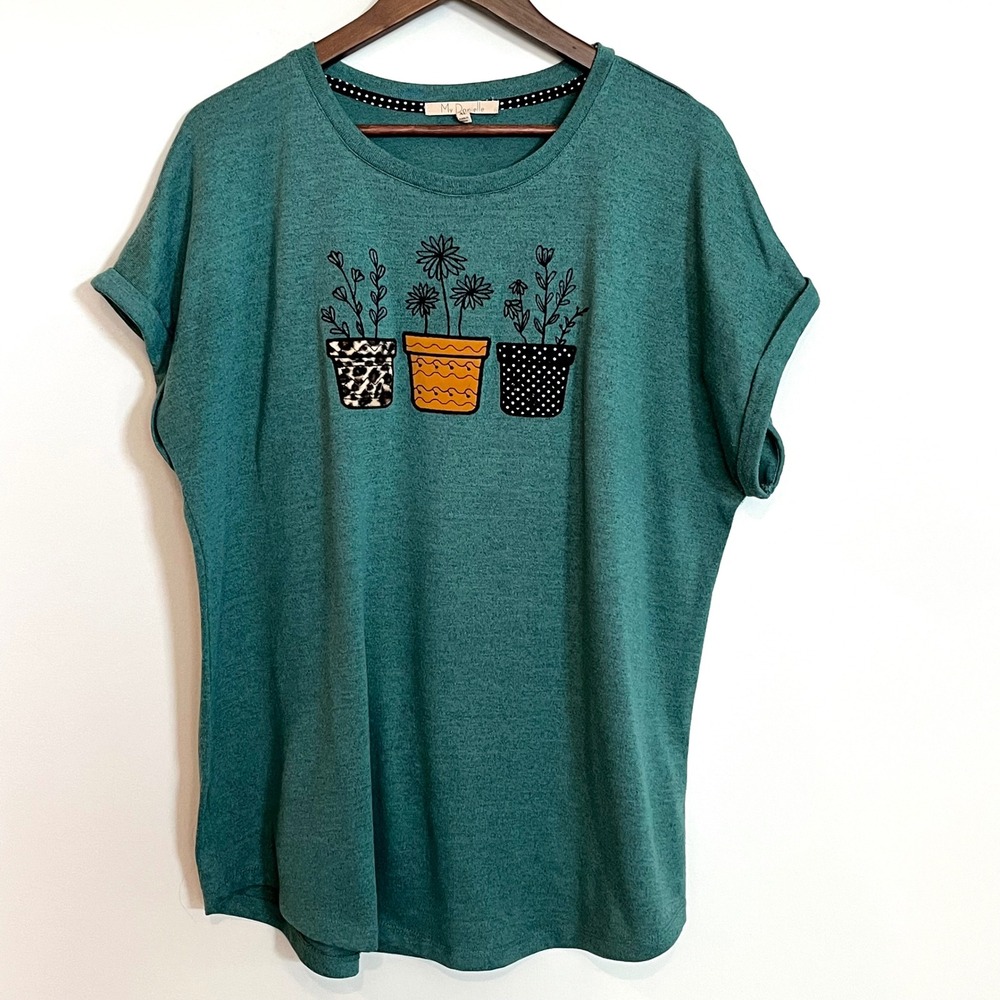 My Danielle Womens XL Green Teal Potted Plant Graphic Knit Top